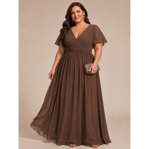 Ever Pretty Harlow Brown Pleated A-Line Flowy Maxi Chiffon Formal Dress NWT / 24